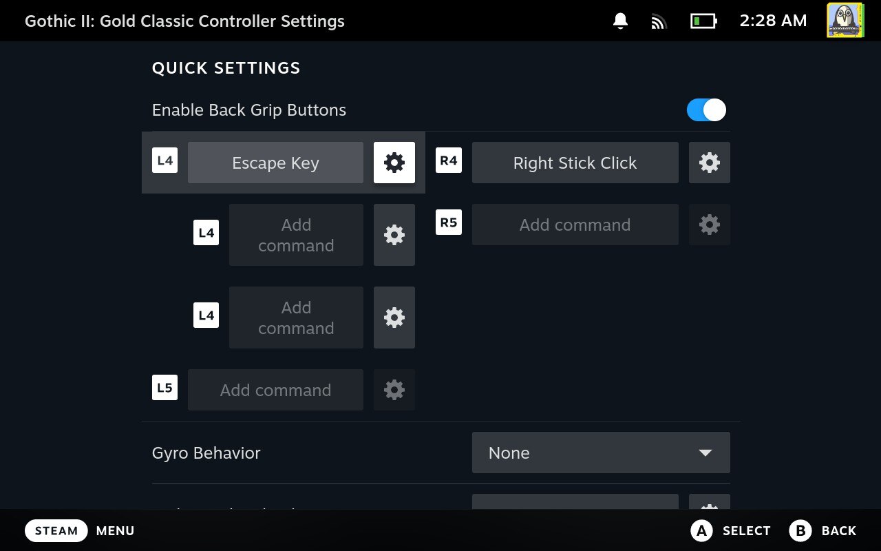 Steam Deck controller configuration showing R4 mapped to Escape